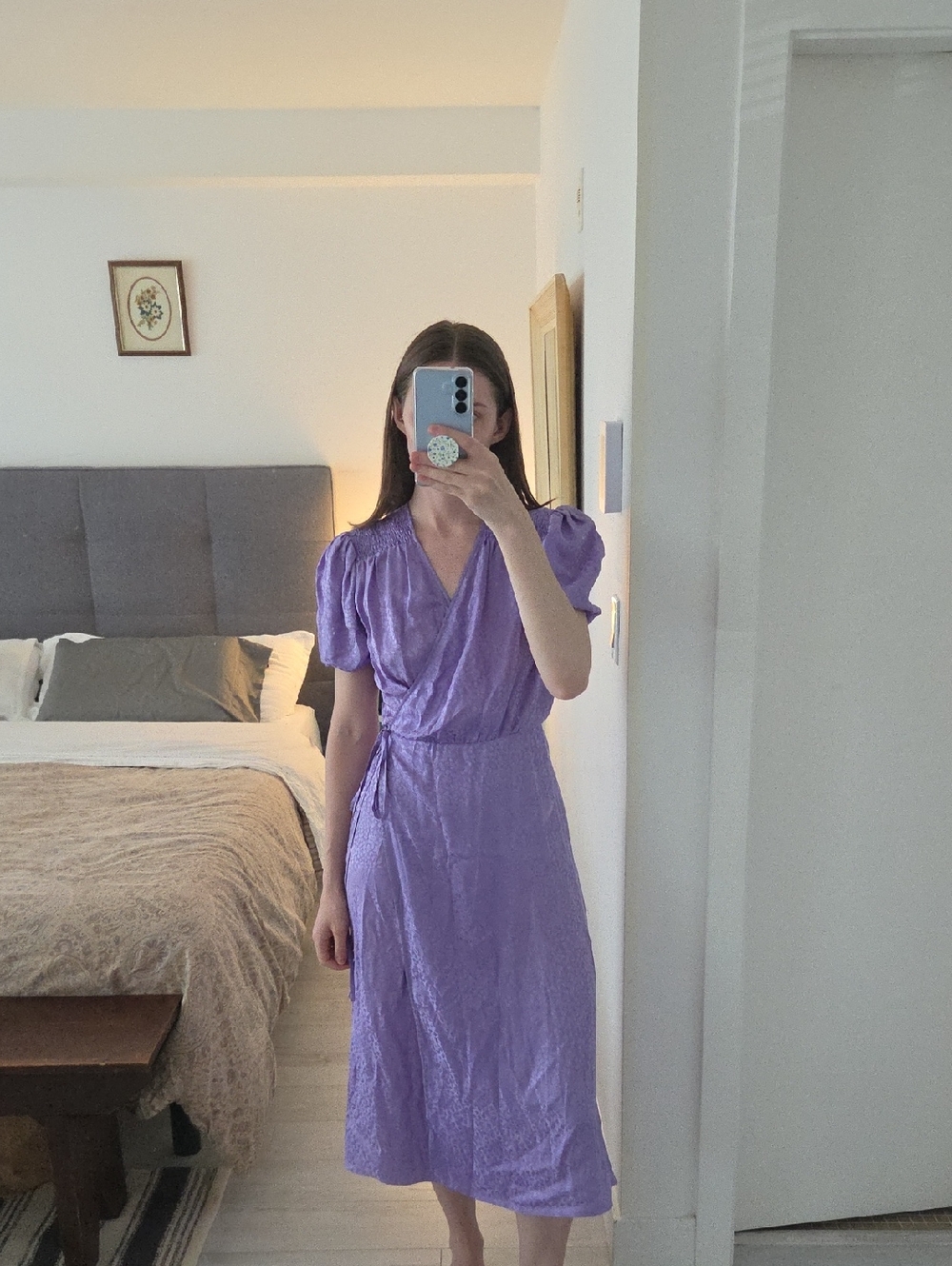 Puff-Sleeve Lavender Midi Wrap Dress - Women
